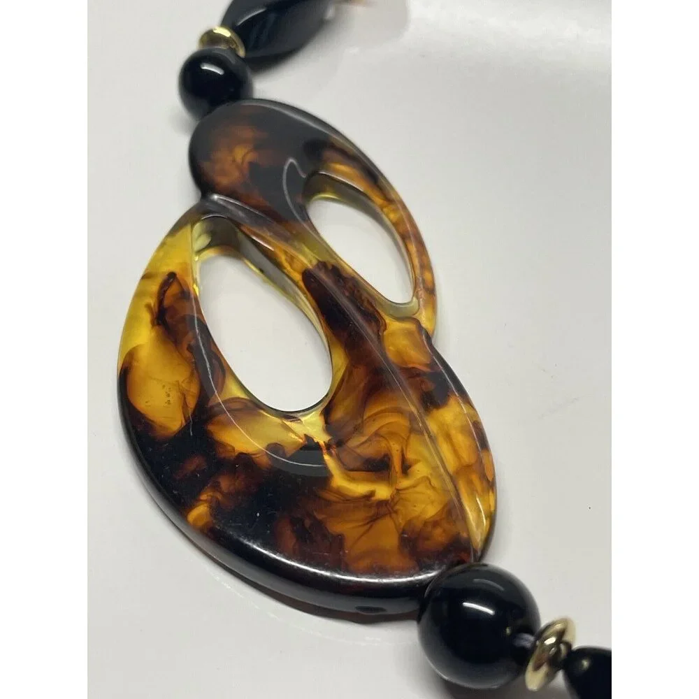 Faux Tortoise Shell Vintage Lucite Statement Necklace‎ Brown Long Black